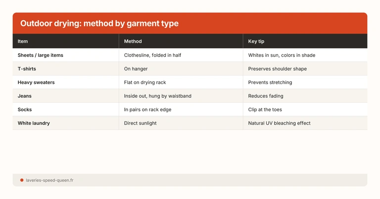 Outdoor drying: method by garment type