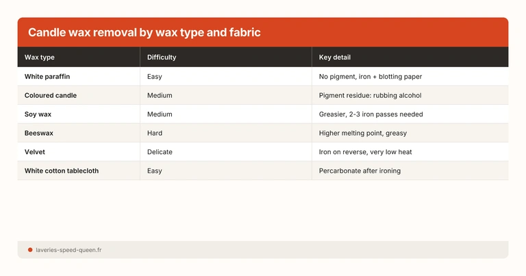 Candle wax removal by wax type and fabric