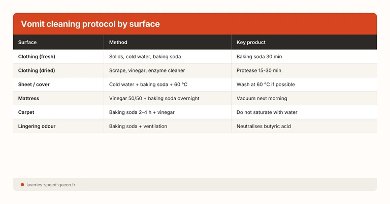 Vomit cleaning protocol by surface